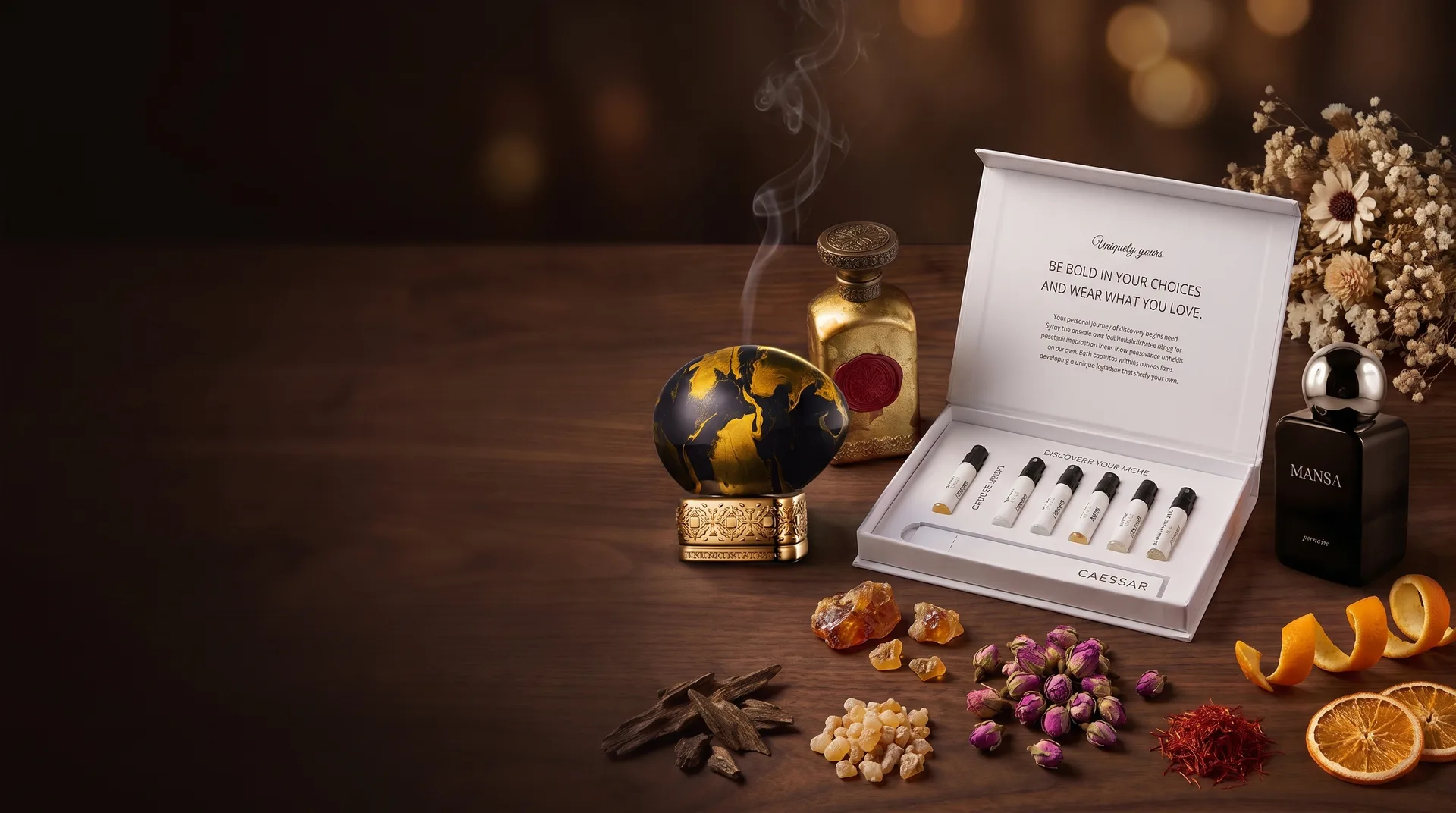 Caesaar Testbox mit sechs Duftproben, daneben Flakons von The House of Oud, Anfas und Pernoire